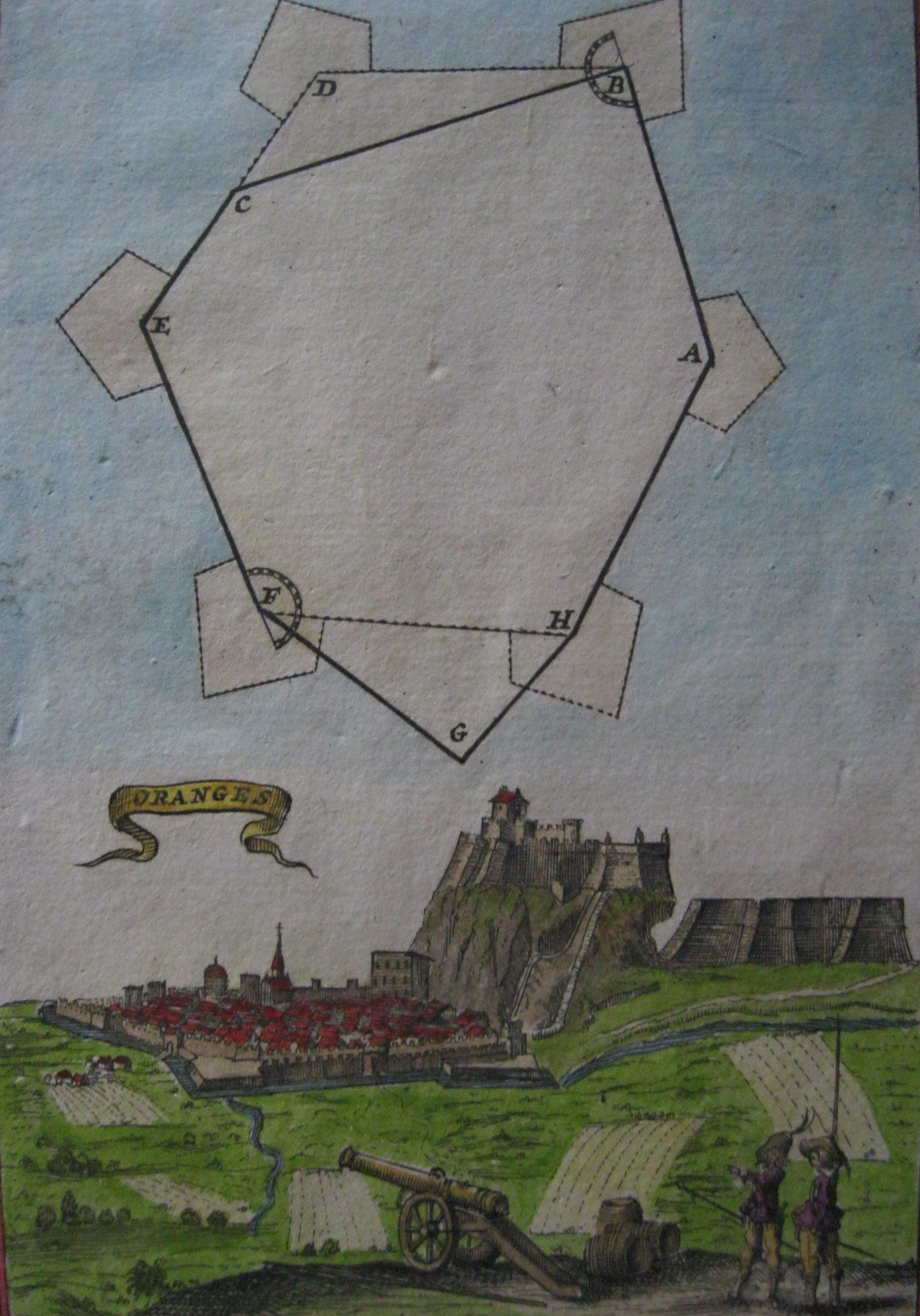 Vista ciudad fortificada y plano de fortaleza. 1696.Mallet